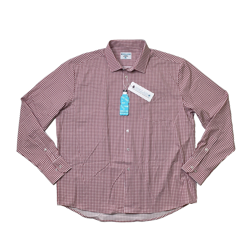 &Collar Shirt Mens XL Brick Red Check Athletic Performance Dress Long Sleeve